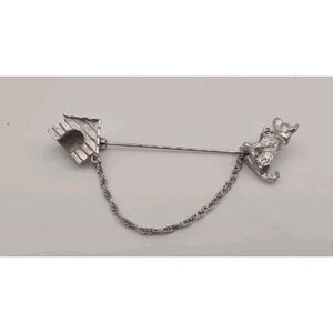 Vintage Trifari Stick Pin Dog With Doghouse Silver Tone